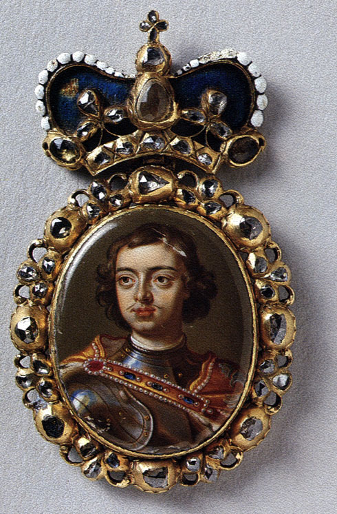 Presentation enamel portrait of Peter the Great adorned with gems. Obverse. Early 18th century