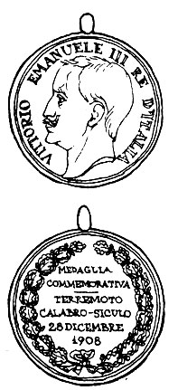 Итальянская памятная медаль «Землетрясение в Калабрии и Сицилии» (1908 г.), которой награждались русские моряки, участвовавшие в спасении жителей г. Мессины