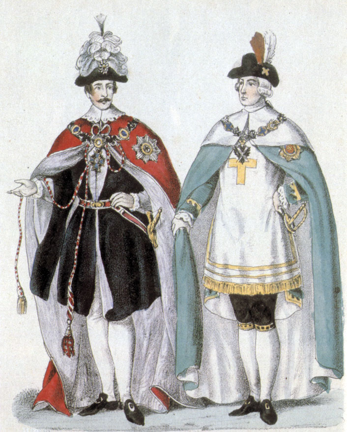 Орденские одеяния XVIII в.: справа — Ордена св. Андрея Первозванного, слева — прусского Ордена Черного орла